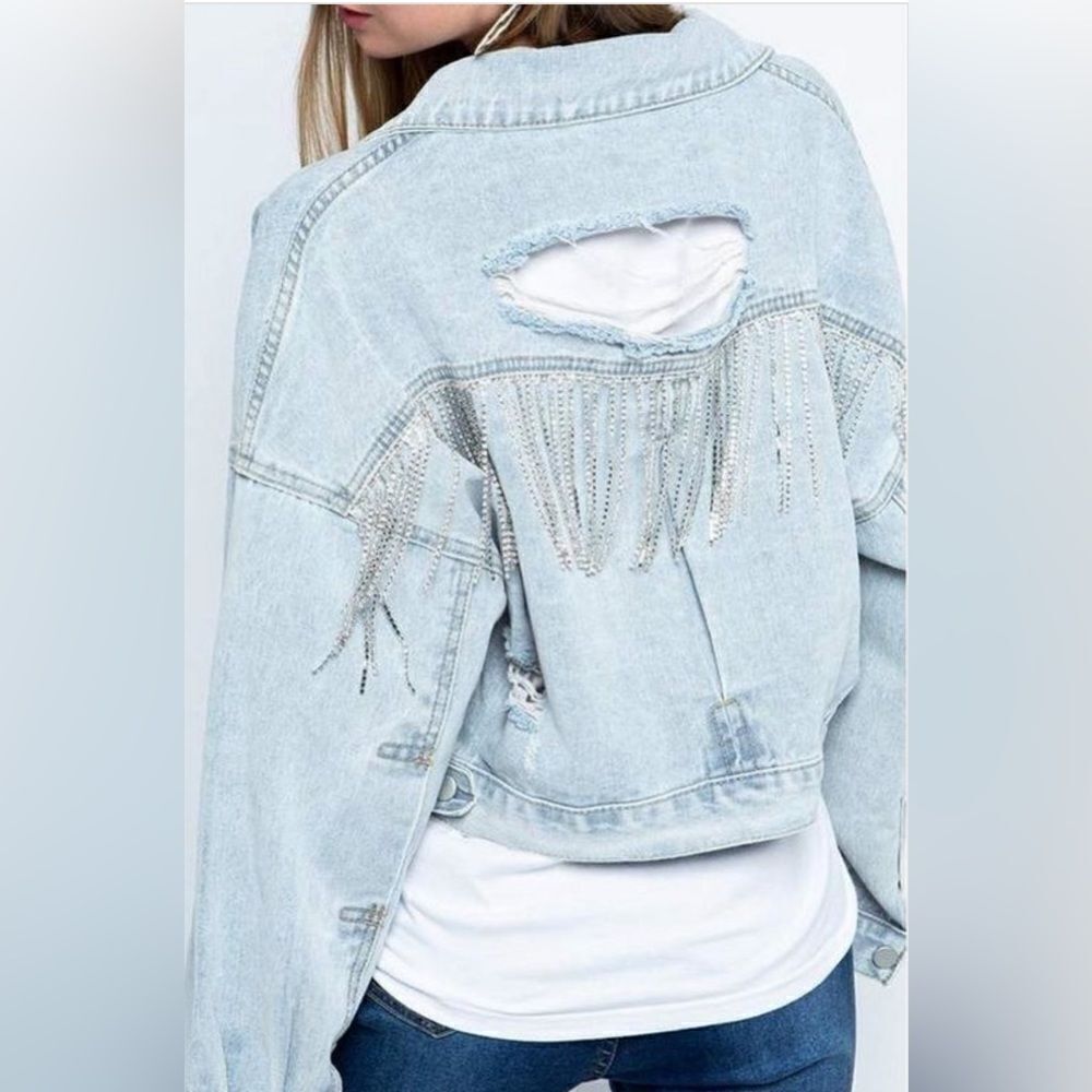 002. Rhinestone Fringe Distress Denim Jacket - Picture 2 of 3